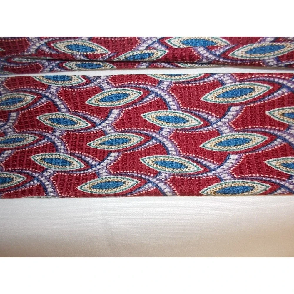 Woodward Mens Silk Tie Burgundy Red Blue Geometric Eye Pattern Necktie Classic